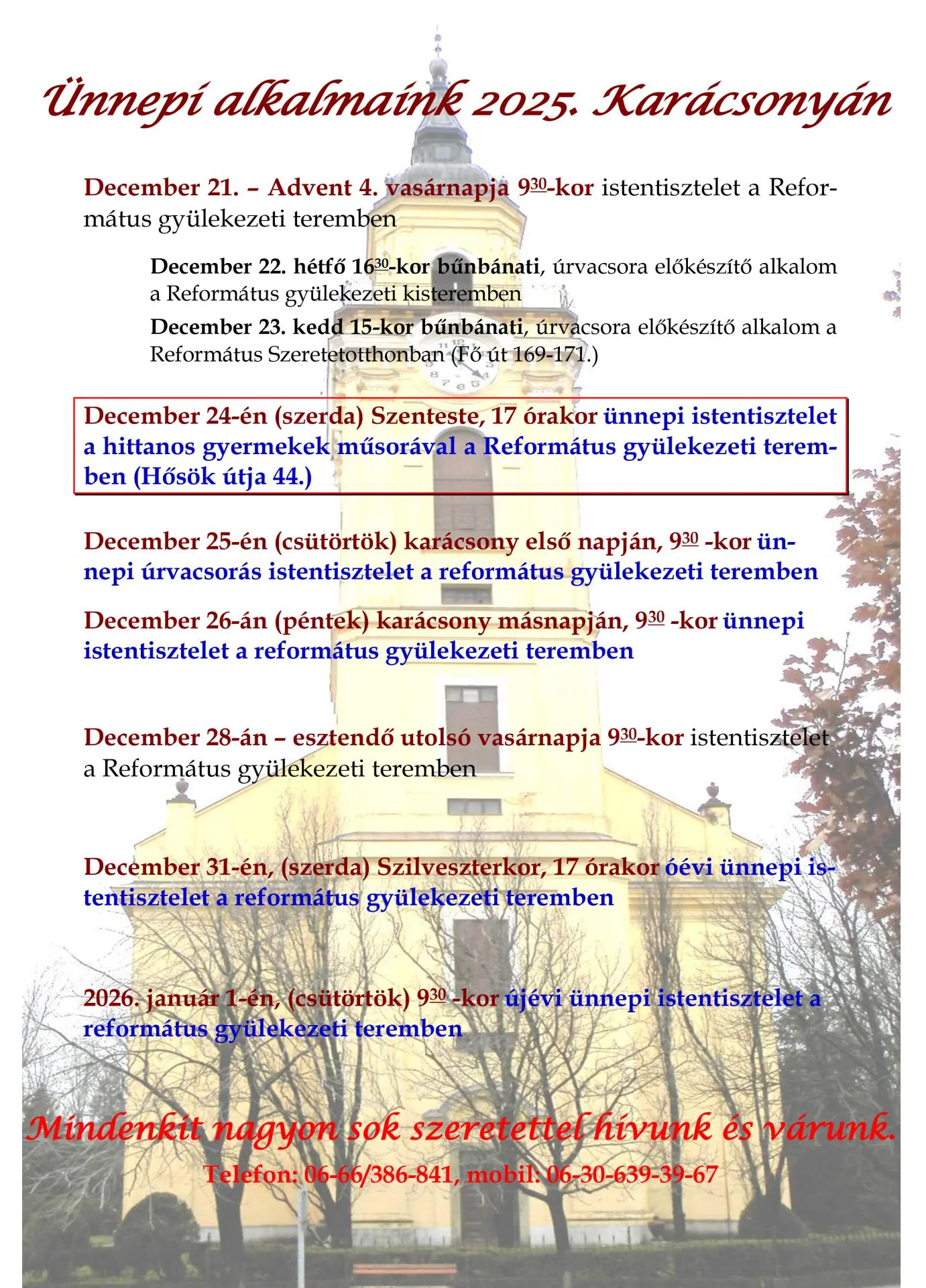 Református Templom ünnepi istentiszteletei