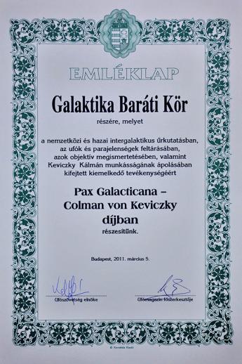 Pax Galacticana - Colman von Keviczky-díj a Galaktika Baráti Körnél